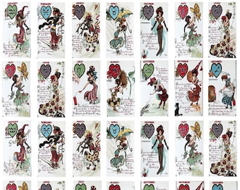 vintage Victorian Girls Zodiac Valentines Cards dominos collage sheet 1" x 2" inch clipart digital download  printable for pendants