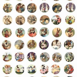 coniglietto pasquale pulcini clipart collage foglio 1 x 1 pollice cerchi grafica vintage cartolina vacanze immagini download digitale artigianato