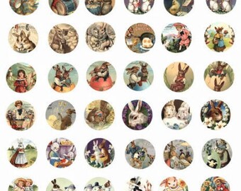 easter bunny rabbit baby chicks clipart collage sheet 1x1 inch circles graphics vintage holiday postcard images digital download crafts