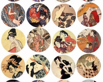 digital collage sheet japanese geisha girls, samurai men, vintage art,  instant download, clipart, 2" circles, printables