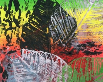 leaves plants nature original aceo art abstract miniature painting colorful