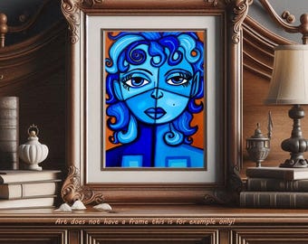 blue abstract woman painting on canvas board ORIGINAL art modern acrylics 11 x 14 inch canvas fine art by montana artist