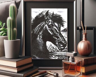 black stallion horse ink drawing, original horse art outsider folk animal nature art by Elizavella