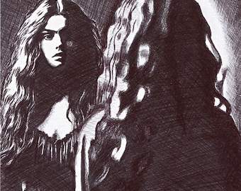 Ghost woman In The Mirror horror ink drawing, original dark art , black & white art Elizavella