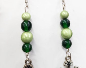 green bead drop cross earrings, metal charm dangles handmade jewelry
