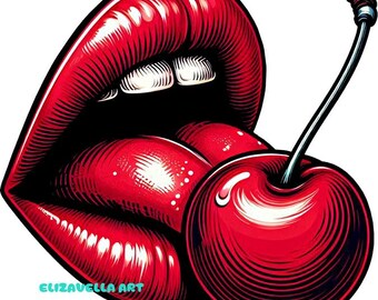 womans red lips licking a cherry png Womans mouth png clipart jpg printable makeup erotic wall art digital instant download