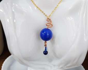 copper wire big blue bead drop NECKLACE chain handmade jewelry