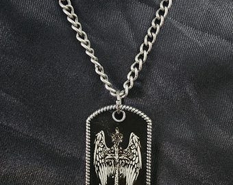 cross angel wings dog tag chain necklace handmade unisex  mens womens goth biker punk jewelry