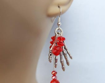 Silver skeleton hand red bead drop earrings, charm earrings, long dangles goth earrings, punk, biker, halloween, handmade jewelry