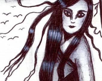 Windy day woman, original aceo art, pen ink drawing, atc card, By Elizavella