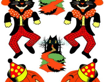 dancing black cat jacko lantern pumpkins haunted house die cuts halloween collage sheet clipart png download