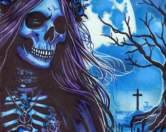 Ghost wandering graveyard horror original art, Skeleton woman markers drawing by Elizavella