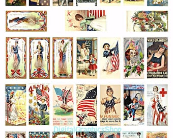 patriotic art vintage americana USA Flag clipart digital collage sheet instant download 1" x 2" in dominos rectangles 4th of july printable