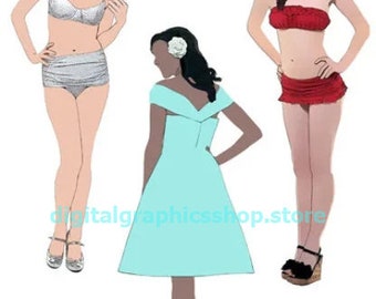 faceless cartoon pinup girl models fashion paper dolls printable art clipart png instant download digital prints image