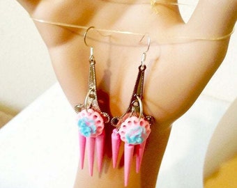 blue rose pink chandelier earrings pastel colors flower long dangles spike charm handmade plastic jewelry