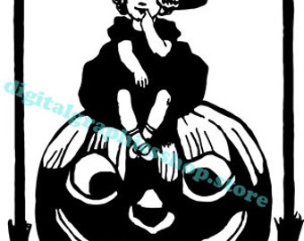 little witch girl, jacko lantern pumpkin, vintage Halloween printable art, clipart png, jpg, instant download, digital print,
