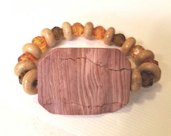 natural brown large rectangle stone bracelet beaded stretch plastic wood handmade jewelry