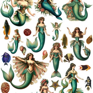 victorian style mermaid paper dolls collage sheet fish starfish seashells clipart png jpg printable original art instant digital download
