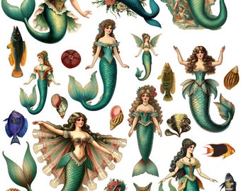 victorian style mermaid paper dolls collage sheet fish starfish seashells clipart png jpg printable original art instant digital download