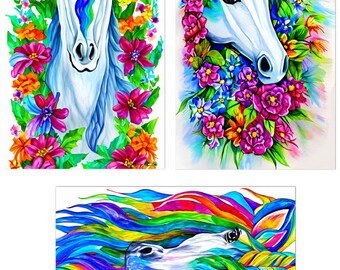 unicorn horses and flowers 4" x 6" inch surreal watercolor paintings surreal art digital collage sheet printable instant download