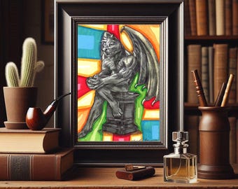 ORIGINAL gargoyle dragon ink drawing fantasy beasts fairytale illustration outsider art By Elizavella