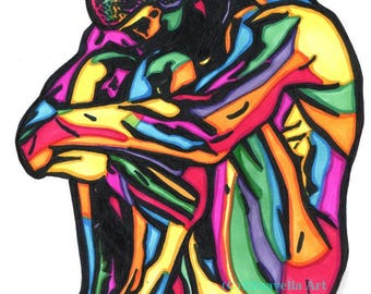 Nude muscle Man abstract original art DRAWING, nude male figure, markers ink colorful