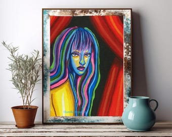 abstract woman original art  print Behind The Red Curtain original painting nude woman art By Elizavella