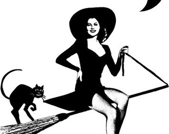 sexy babe model, 1950s witch, halloween pinup girl,  black cat, printable art, clipart jpg png, instant download ,digital print