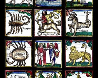 12 ZODIAC signs symbols vintage printables wall art instant digital download home decor