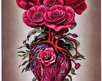 Human Heart red roses surreal original art 8x10 inch semi gloss -Human anatomy-flowers art print