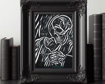 Eternal love, horror original art, Skeletons, skulls, abstract art, ink drawing, macabre, marker illustration, black & white art Elizavella