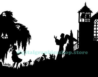 Angel woman in graveyard, little girl silhouette, clipart png, printable wall art,  jpg, instant download, digital prints