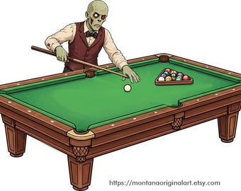 Ilustración digital de terror a color para imprimir, con un jugador de billar zombi.