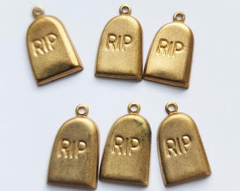6 vintage gold brass metal grave stone charms 10mm x 15mm goth halloween cemetery charm lot jewelry making