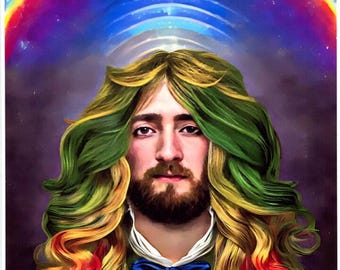 beautiful rainbow long hair hippie man with beard fantasy bohemian male portrait original art digital painting