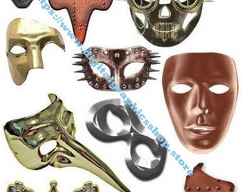 metal steampunk masquerade masks, clipart png, printable collage sheet, instant download, digital prints, junk journals, cut outs