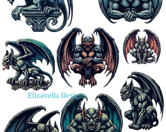 gargoyles dragons collage sheet monsters cretures art clipart png jpg printable instant digital download