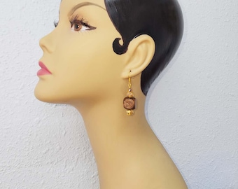 brown big bead drop earrings, long dangles, wood, glass, beaded chunky boho jewelry
