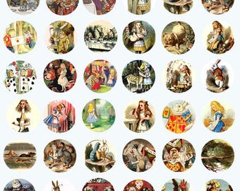 Arte de libros antiguos de Alicia en el País de las Maravillas, círculos de 2,5 cm, imágenes prediseñadas, láminas de collage digital para descargar, imprimibles de libros de cuentos de hadas