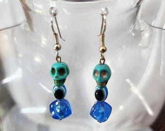 blue sugar skull evil eye dice earrings dangles day of the dead goth casino gambling jewelry