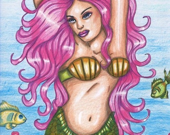 mermaid queen original art print colred pencil drawing fantasy fairytale outsider art By Elizavella