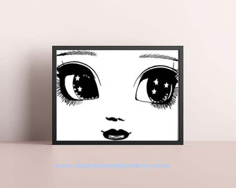 Big eye art girl face png, doll face clipart, printable art digital instant download, cloth doll face