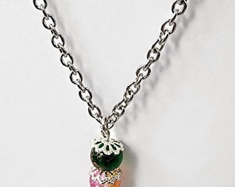 trile glass bead drop necklace silver chain handmade minimal jewelry