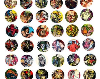 printable zombies collage sheet clipart 1 inch circles digital download vintage horror comics art DIY jewelry making pendant images