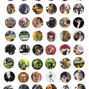 printable zombies digital collage sheet instant download clipart 1 inch circles, movie posters, downloadable image