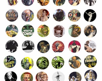 printable zombies digital collage sheet instant download clipart 1 inch circles, movie posters, downloadable image