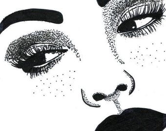 freckle face woman portrait art, original ink drawing makeup beauty artwork