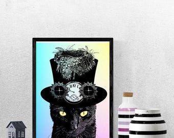 Mad Hatter Cat art print, fantasy fairytale digital print animals, alice in wonderland, steampunk hat art print, birds nest, Anthropomorphic