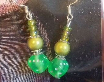 green bead drop earrings long dangles dice bead handmade beaded casino jewelry