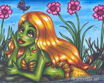 Green Swamp Mermaid girl original art drawing print fantasy fairytale outsider art By Elizavella